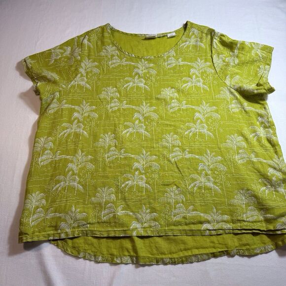 C&C California Shirt Womens 1X Green All Linen Lagen Tropical Palm Trees Beachy - Picture 2 of 8